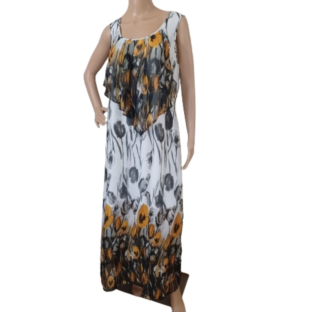 MILANO White Dress Yellow Black Floral Sleeveless Summer Scoop Neck Maxi Dress